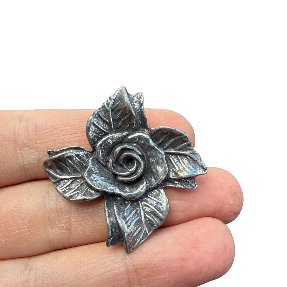 Vintage Jewelry Pewter Rose Brooch Flower Pin